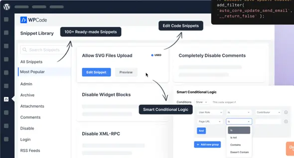 WPCode Pro Code Snippets Dashboard – Visual of the WPCode Pro interface showing code snippets management.