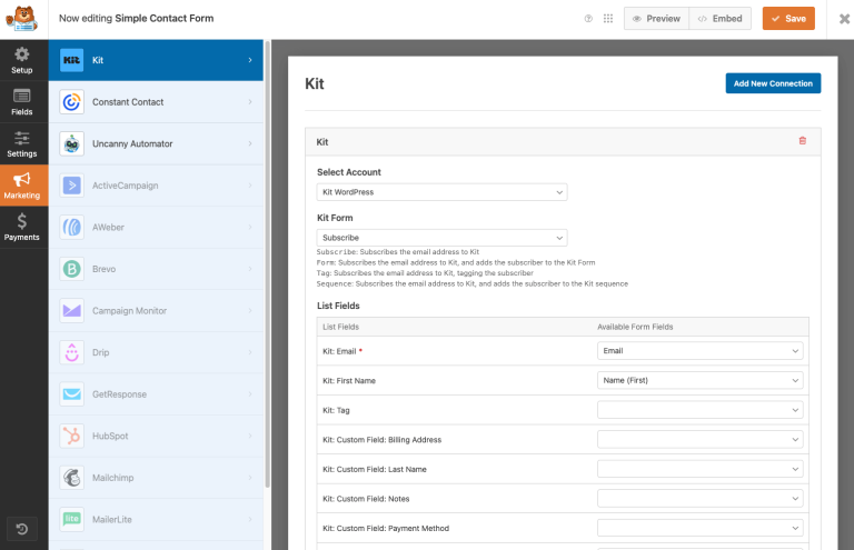 Screenshot of WPForms ConvertKit v1.0.0 integration setup page in WordPress dashboard